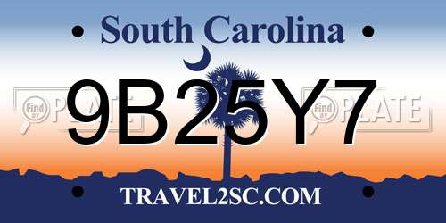 9B25Y7 South Carolina License Plate