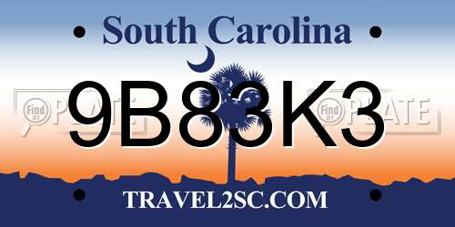 9B83K3 South Carolina License Plate