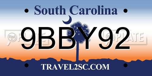 9BBY92 South Carolina License Plate