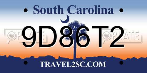 9D86T2 South Carolina License Plate