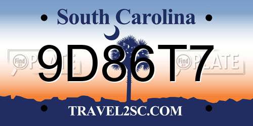 9D86T7 South Carolina License Plate