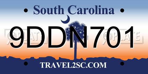 9DDN701 South Carolina License Plate