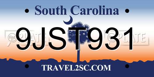 9JST931 South Carolina License Plate