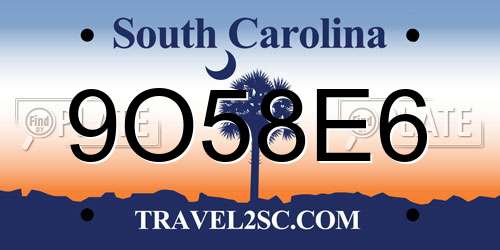 9O58E6 South Carolina License Plate
