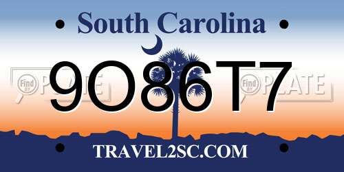 9O86T7 South Carolina License Plate