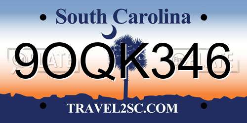 9OQK346 South Carolina License Plate