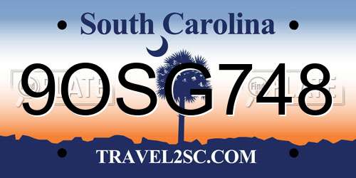 9OSG748 South Carolina License Plate