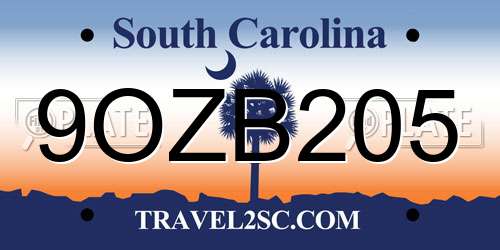9OZB205 South Carolina License Plate