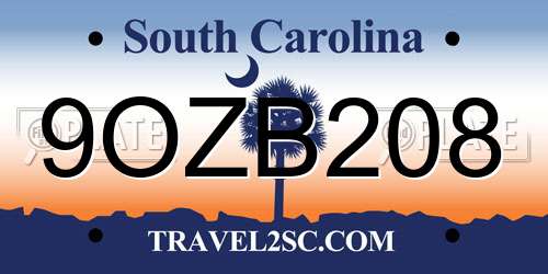 9OZB208 South Carolina License Plate