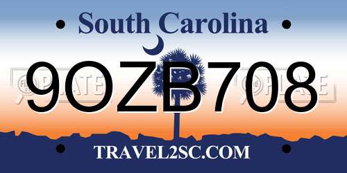 9OZB708 South Carolina License Plate
