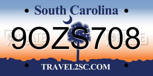 9OZS708 South Carolina License Plate