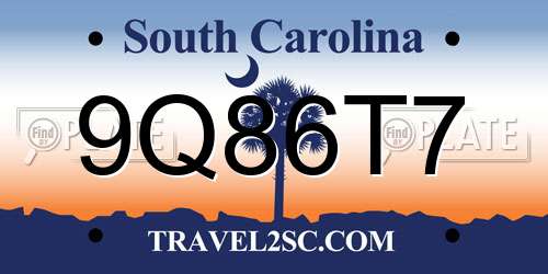9Q86T7 South Carolina License Plate