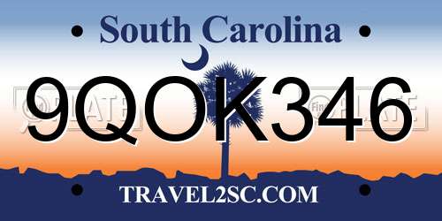 9QOK346 South Carolina License Plate