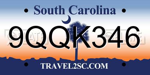 9QQK346 South Carolina License Plate