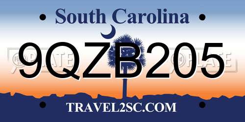 9QZB205 South Carolina License Plate