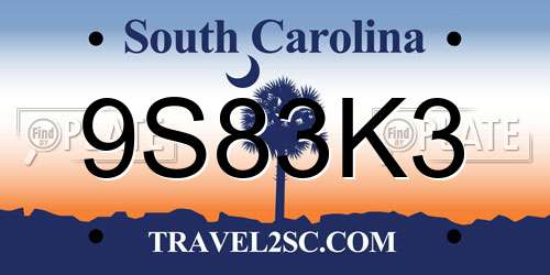 9S83K3 South Carolina License Plate