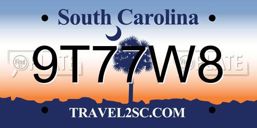 9T77W8 South Carolina License Plate