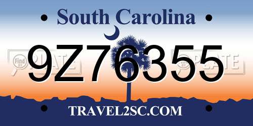 9Z76355 South Carolina License Plate
