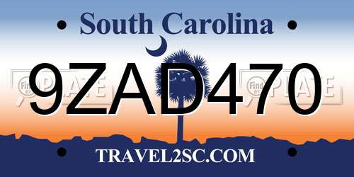 9ZAD470 South Carolina License Plate