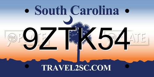 9ZTK54 South Carolina License Plate