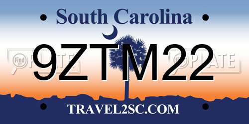 9ZTM22 South Carolina License Plate