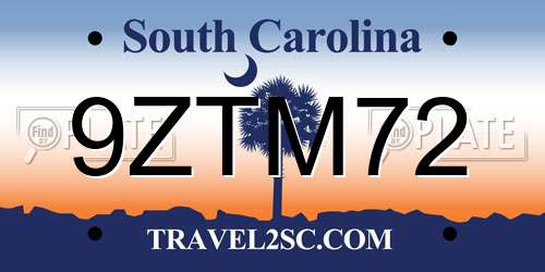 9ZTM72 South Carolina License Plate