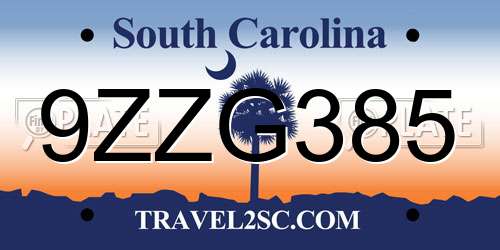 9ZZG385 South Carolina License Plate