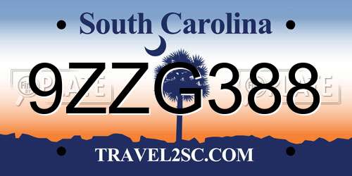 9ZZG388 South Carolina License Plate