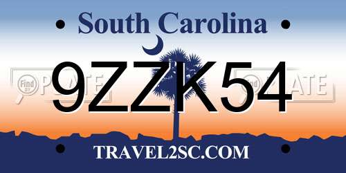9ZZK54 South Carolina License Plate