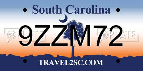 9ZZM72 South Carolina License Plate
