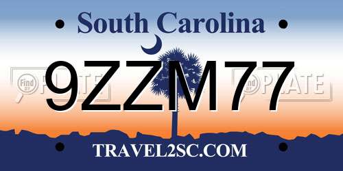9ZZM77 South Carolina License Plate