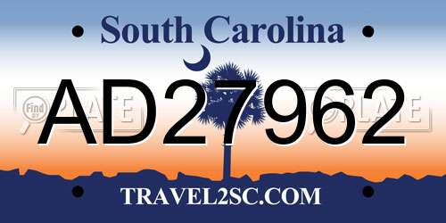 AD27962 South Carolina License Plate