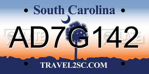 AD7G142 South Carolina License Plate
