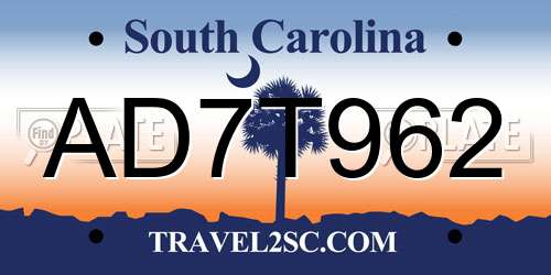 AD7T962 South Carolina License Plate