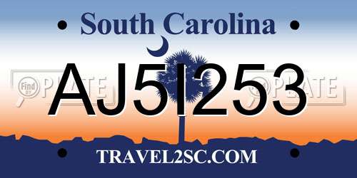 AJ5I253 South Carolina License Plate