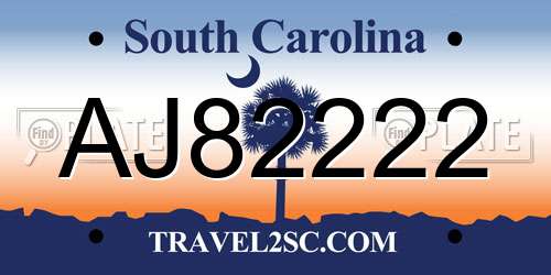 AJ82222 South Carolina License Plate