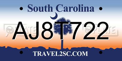 AJ8T722 South Carolina License Plate