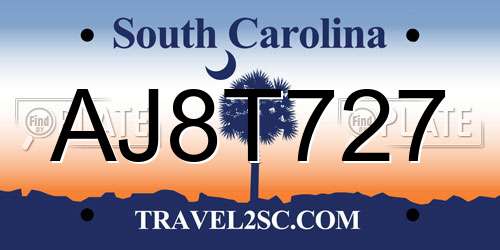 AJ8T727 South Carolina License Plate