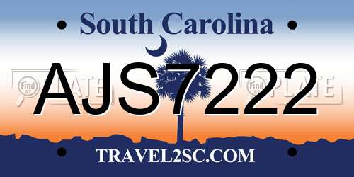 AJS7222 South Carolina License Plate