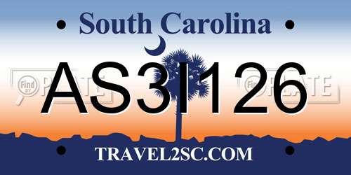 AS3I126 South Carolina License Plate