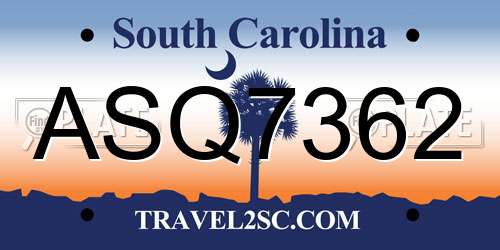 ASQ7362 South Carolina License Plate
