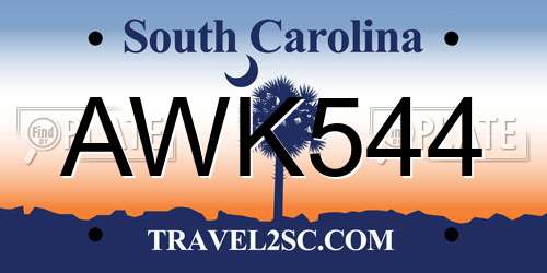 AWK544 South Carolina License Plate