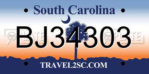 BJ34303 South Carolina License Plate