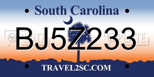 BJ5Z233 South Carolina License Plate