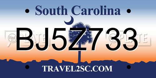 BJ5Z733 South Carolina License Plate