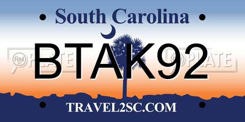 BTAK92 South Carolina License Plate