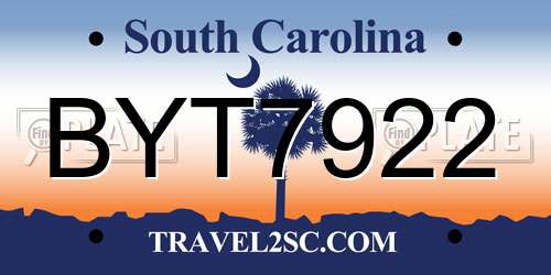 BYT7922 South Carolina License Plate