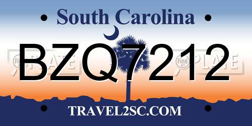 BZQ7212 South Carolina License Plate