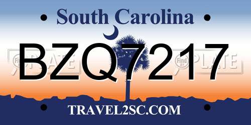 BZQ7217 South Carolina License Plate