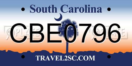 CBE0796 South Carolina License Plate